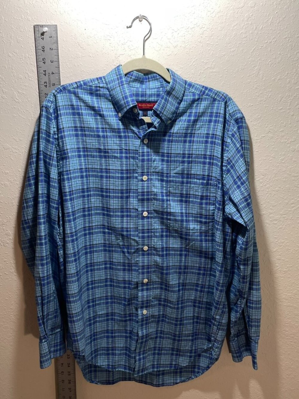 Austin Reed London Mens L/S Blue Plaid 100% Cotton Shirt Front Pocket - Medium